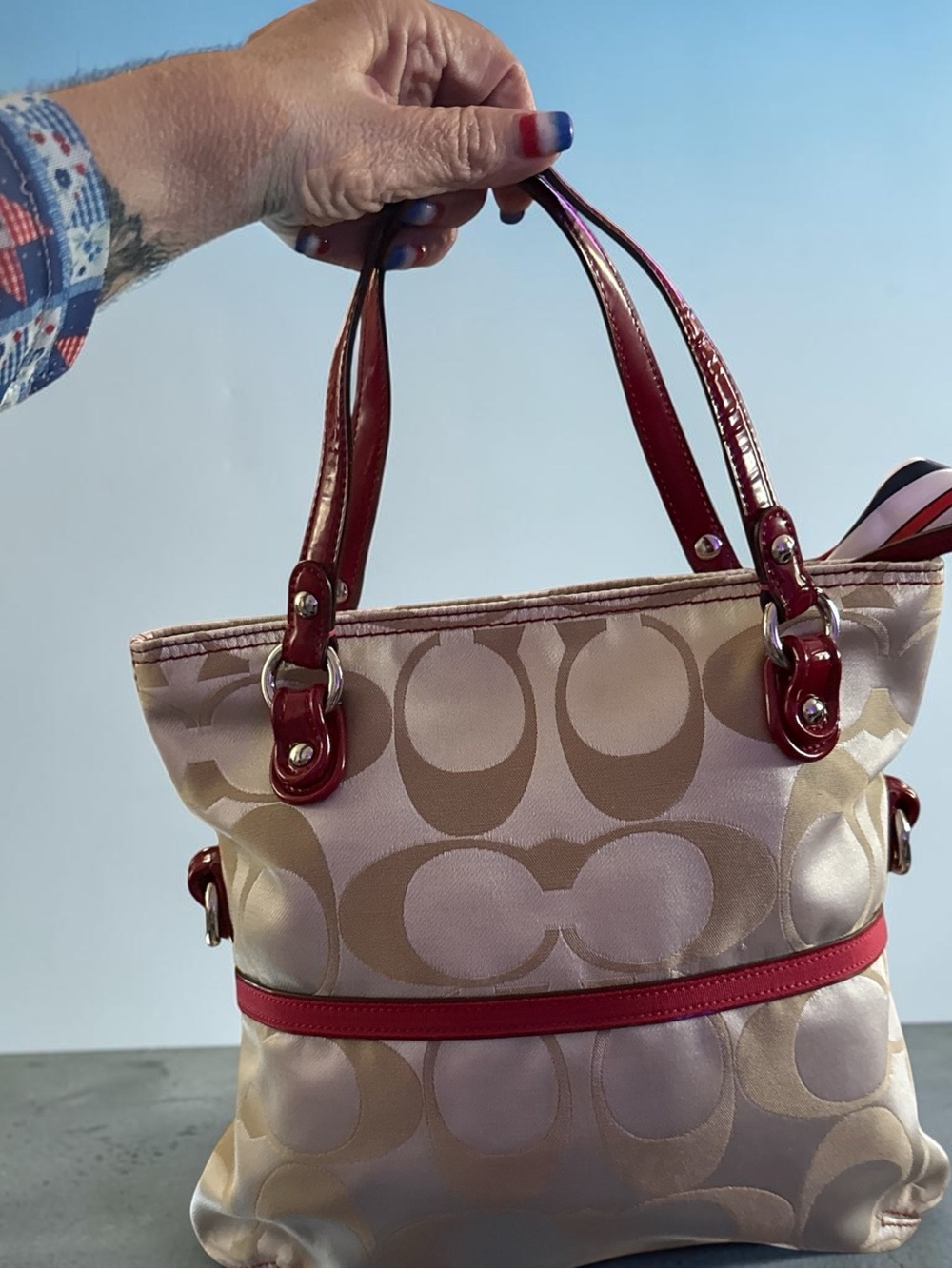 Coach Signature Tan and Red Tote in EUC 2012 - Picture 2 of 10